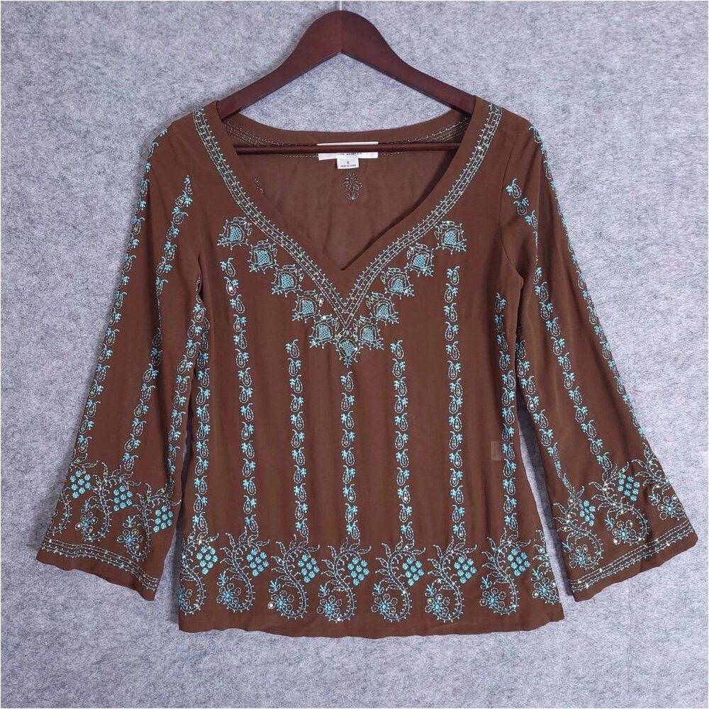 TRINA TURK Small Brown Turquoise Embroidered Paisley Sequin Silk Top Boho Sheer
